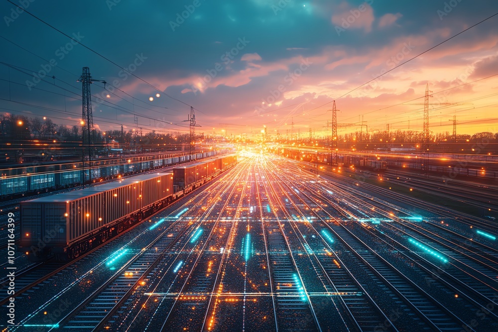 Poster a train track with a digital overlay of lines and light streaks. the sun is setting in the distance,