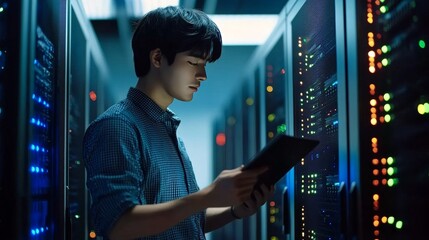 IT Specialist Monitors Server Performance, Data Center Engineeer Uses Digital Tablet in Server Room.