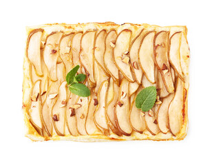 Delicious puff pastry tart with pears, almond and mint isolated on white, top view