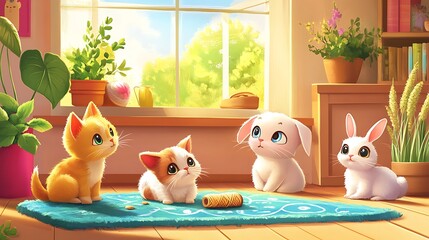 A group of friendly pet characters, including a dog with a bone, a cat playing with yarn, and a bunny munching on a carrot, all in a colorful, homey environment. 