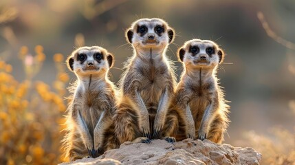 Fototapeta premium Lemurs sitting together in a line, possibly taking a selfie.