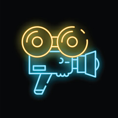 Colorful neon sign representing a vintage movie camera, glowing brightly against a dark background