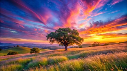 Obraz premium A solitary tree stands tall against a backdrop of vibrant sunset hues, casting long shadows across a field of golden grass, with rolling hills and a fiery sky creating a breathtaking panorama.