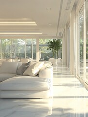 Fototapeta premium A minimalist white interior with sleek glass walls, perfect for creating an open and airy feel in the living room of your villa or apartment. generative ai