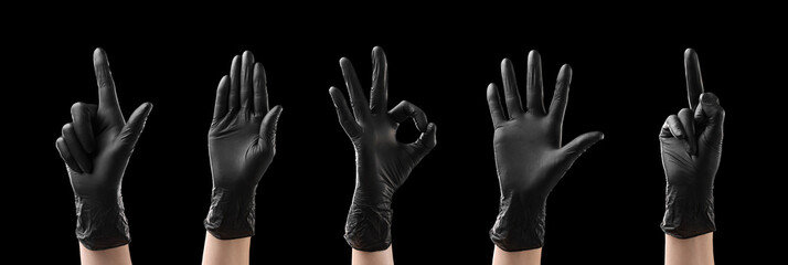 Hands in black gloves showing different gestures on black background, collage