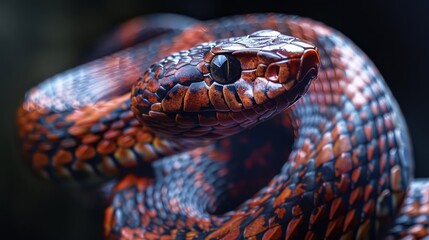 Fototapeta premium A red snake coiled in the wild, warning of its deadly nature.