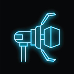 Glowing blue neon sign of a robotic arm holding a cube on a black background