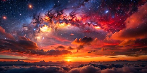 Fototapeta premium A celestial panorama of a vibrant sunrise illuminating a distant mountain range, while a captivating sky filled with countless stars and swirling nebulas evokes a sense of wonder and cosmic beauty.