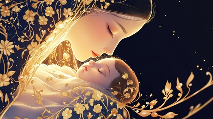 Obraz premium A serene and intimate illustration of Mary holding baby Jesus, with soft, glowing light enveloping them. Mary gazes down at Jesus with a peaceful expression, while Jesus sleeps soundly,