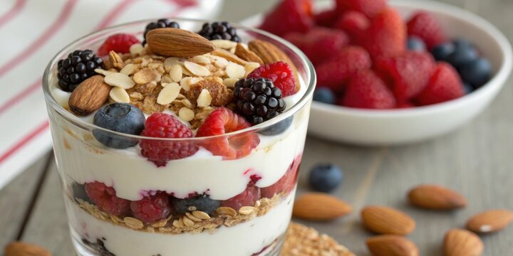 Greek Yogurt Parfait A closeup of a parfait glass layered with thick Greek yogurt sliced almonds and a mix of berries showing the creamy texture and healthy crunch of nuts.