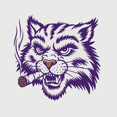 A classic college logo with a purple and white color scheme. The logo features a wildcat smoking a cigar