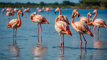 Wild african birds. Group birds of pink african flamingos walking around the blue lagoon on a sunny day