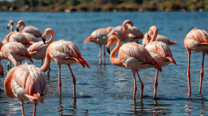 Wild african birds. Group birds of pink african flamingos walking around the blue lagoon on a sunny day