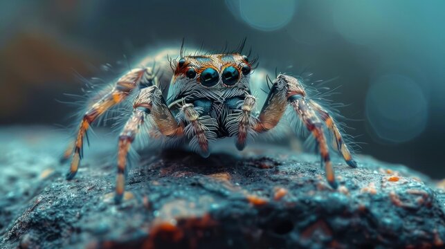 a photo of a small, intently watching spider perched on a wet rock, captured with macro photography. - Powered by Adobe