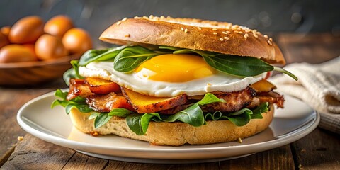 Savory Breakfast Sandwich with Crispy Bacon, Sunny-Side Up Egg, and Fresh Greens on a Toasted Bun