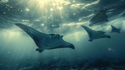 Fototapeta premium A group of sharks in the ocean, looking upwards at a surface.