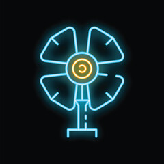 Bright neon fan icon glowing on dark background, concept of ventilation or cooling system