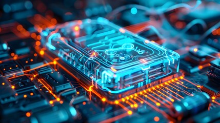 Lithium battery pack for electric cars with power connections, presented in a high-tech, vivid blue visualization