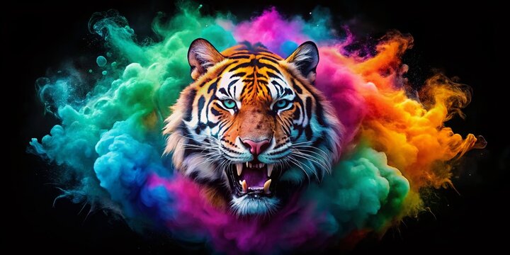 Striking Tiger Face Roaring Amidst Colorful Smoke Clouds - Minimalist Clipart Design for T-shirt Graphics and DTF Print Applications