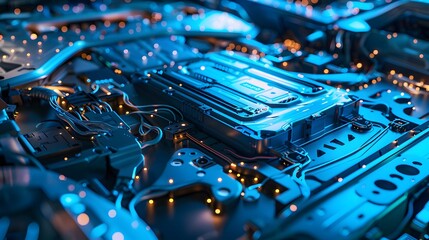 Electric car lithium battery pack with detailed power connections, rendered in a vivid blue to highlight modern tech