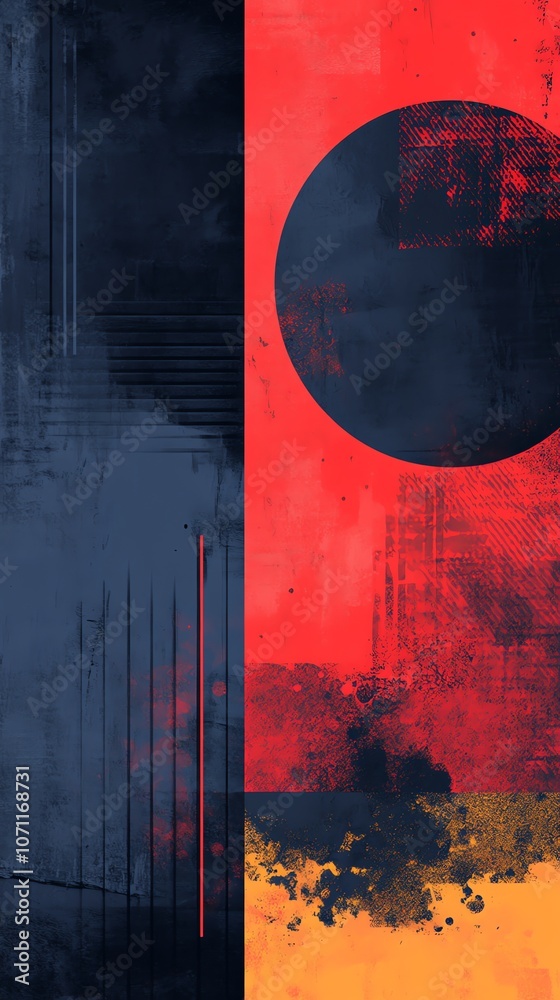 Poster abstract art painting with bold colors and a circle, rendered in a digital style.