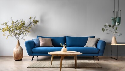 Obraz premium Interior of living room with blue sofa, wooden coffee table, vase with branch panorama 3d re