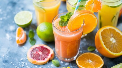 Summer beverage spread with citrus fruit juices, smoothies, and a mix of whole and sliced fruits, including orange, lime, tangerine, and grapefruit