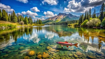 Stunning Aerial View of Tiger Trout Swimming in Shallow Waters of Mirror Lake, Utah, Showcasing Vibrant Colors and Natural Beauty of the Scenic Landscape