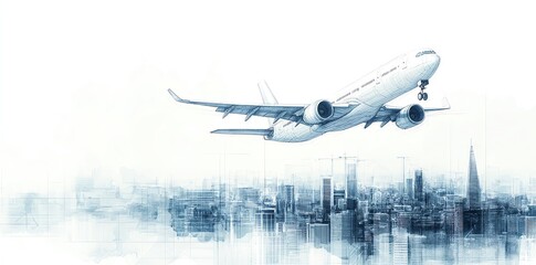 Fototapeta premium Airplane taking off over a city in a watercolor style.