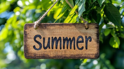 Rustic Wooden Summer Sign Hanging In Front Of Vibrant Green Leaves, Summer Background