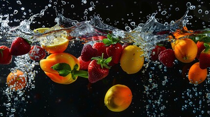 Fruits falling into a water splash, set against a black background