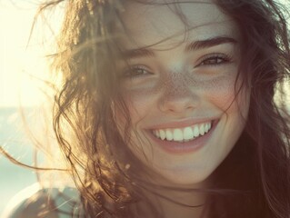 Radiant Beachside Portrait of a Smiling Woman