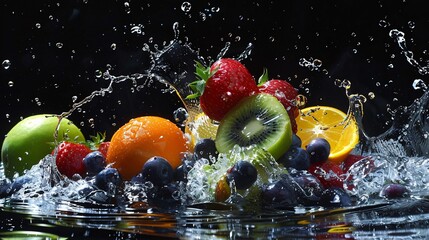 Dynamic fruits falling into a splash of water, isolated on a black background