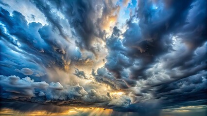 Obraz premium A symphony of swirling clouds, illuminated by golden rays of light, creates a dramatic and ethereal spectacle in the sky.