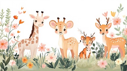 Obraz premium A group of cute cartoon animals, including a giraffe, elephant, deer, and tiger cub, standing together on a vibrant grassy field surrounded by colorful flowers. The scene features playful, soft lines 