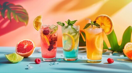 Fototapeta premium Collection of refreshing summer drinks with citrus and berry lemonades or cocktails on a bright background