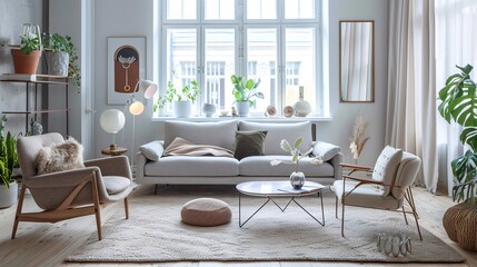 Fototapeta premium Clean Scandinavian living room featuring high-tech gadgets and premium jewelry