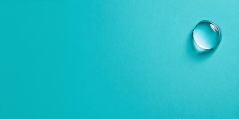 An elegant water droplet icon positioned on the right side, set against a panoramic cyan background with plenty of space for text.