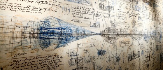 Fototapeta premium Detailed blueprints and sketches on a wall. AI.