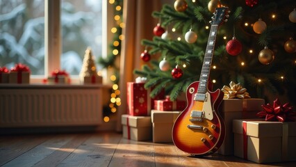 Red and White Electric Guitar Leaning on a Christmas Tree with Presents Underneath It