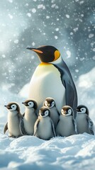 Fototapeta premium An emperor penguin stands protectively over its five chicks in a snowy landscape, the falling snow creating a magical atmosphere.