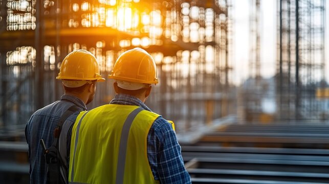 engineer and site manager working on-site together, ensuring the building project meets safety standards and stays on schedule