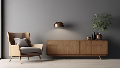 Interior with wooden cabinet and armchairs 3d rendering