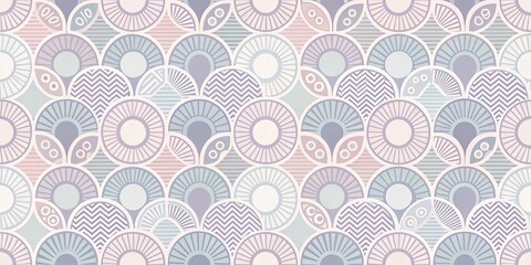 A Seamless Pattern of Geometric Shapes in Soft Pastel Hues, Featuring Circular Elements with Radial Lines, Chevron Motifs, and Horizontal Stripes