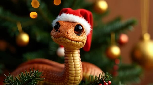 Snake in red santa hat sitting on Christmas tree on blurred background. Cute animal character, zodiac sign. Symbol of Chinese New Year 2025. Exotic animal