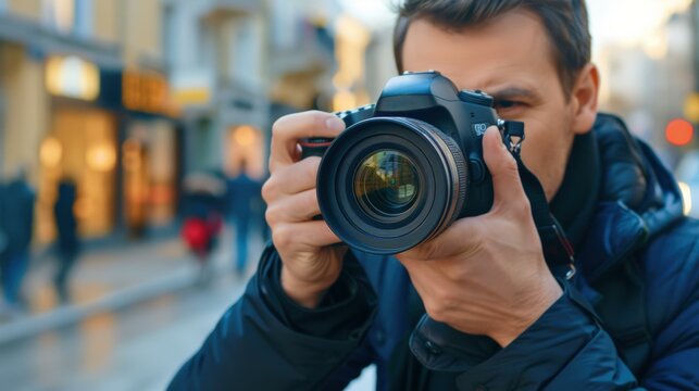 A photographer capturing a moment in the city. AI.