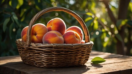 A basket of ripe peaches resting on a wooden table in a serene outdoor setting.