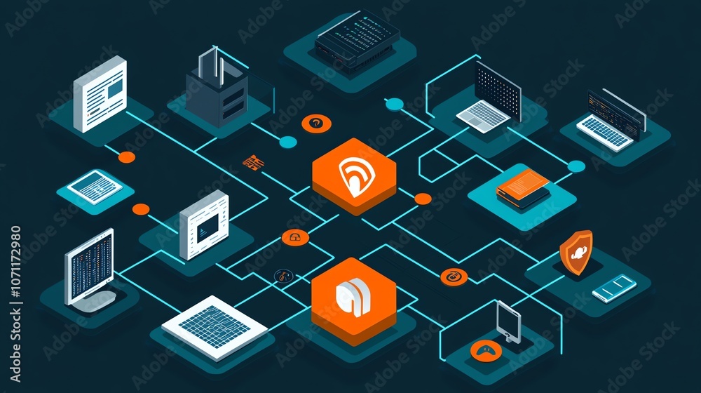 Aufkleber an isometric illustration of a network with devices connected to a central hub.