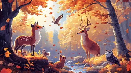 Poster Bosdieren A detailed illustration of forest animals like a fox, deer, and owl in a soft, cartoon style, set against a cozy forest landscape with autumn leaves.   © thongsook