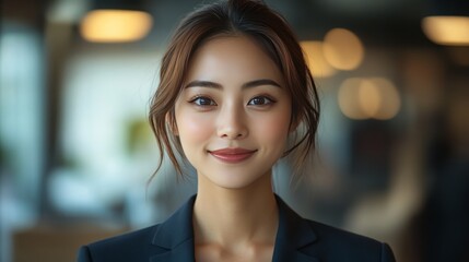 Professional Elegance: Confident Asian Woman in Business Suit Smiling in a Modern Office Setting